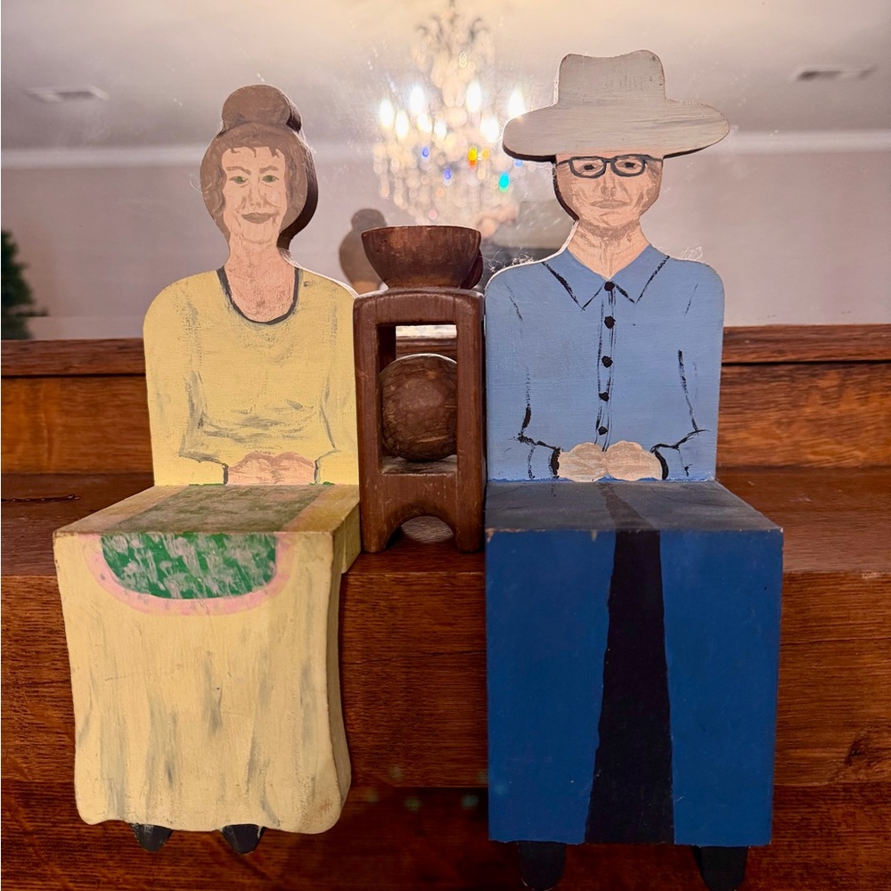 Handcrafted Wooden Couple Figurines - Blue and Yellow